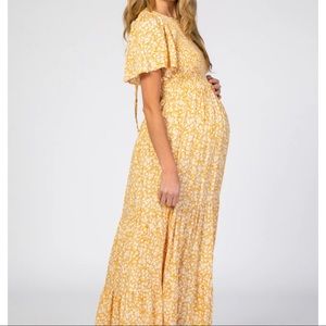 Yellow Floral Smocked Front Pleated Hem Maternity Maxi Dress